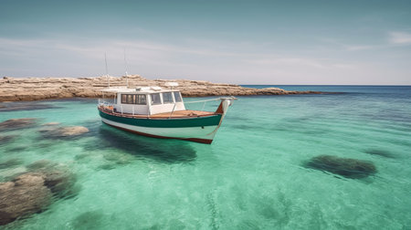 the small fishing boat is peacefully floating in the clear water, surrounded by rocks. the mediterranean-inspired scene is captured in the style of light turquoise and dark beige, using the ferrania p30 film. the zeiss ikon zm camera has beautifully captured the light emerald and light brown hues of the sun-kissed palette. this serene image is perfect for those who love the calmness of theの素材