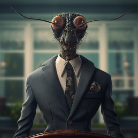 insect face mock-up in black and white, featuring anthropomorphic surrealism style inspired by raphael lacoste and alex andreev. the portrait is designed with wealthy portraiture elements and a touch of terry redlin's navy and cyan color scheme. the insect's face is adorned with stylish costume design, making it a unique and captivating piece of art. ai generatedの素材