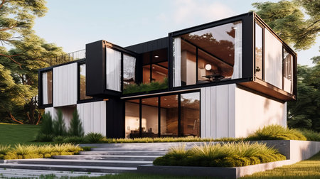 black and white modular house design with soft edges and blurred details. the modern structure features dark green and light bronze accents. this commercial imagery showcases the 32k uhd resolution and the weathercore materials used in the construction. the modular design allows for easy customization and the landscapist touch adds to the overall aesthetic appeal. ai generatedの素材