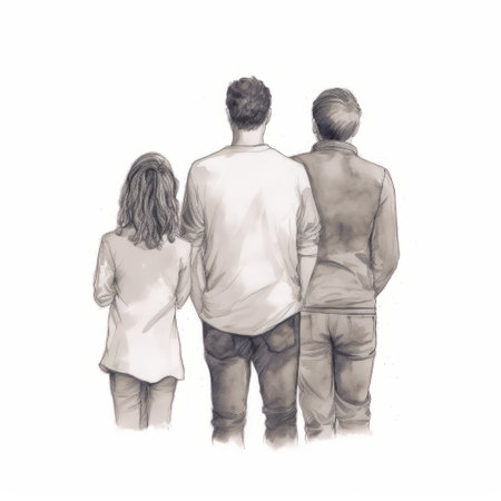 three individuals are depicted in a monochromatic ink wash style, standing in a line and gazing at each other. the illustration boasts realistic yet romantic details, reminiscent of children's book art. the piece is packed with hidden details, making it a perfect example of security camera art. this stunning work of art was created by tenwave. ai generatedの素材