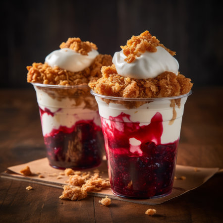 blueberry shake with crumble topping from a convenience store. the shake is a beautiful dark red and dark amber color, captured in impasto frenzy with layered gestures. the photo was taken with iso 200 and features the cranberrycore of the shake. the aesthetic is reminiscent of mcdonaldpunk and melting pots. ai generatedの素材