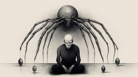 man with giant octopus drawing: this photorealistic pencil art illustration depicts a man standing in the ocean, holding onto a giant octopus. the ethereal and gothic illustration style adds a surreal quality to the piece, while the spherical sculptures and zen minimalism create a sense of balance and harmony. the vanitas theme reminds us of the transience of life. a stunning piece of photosurrealist artの素材