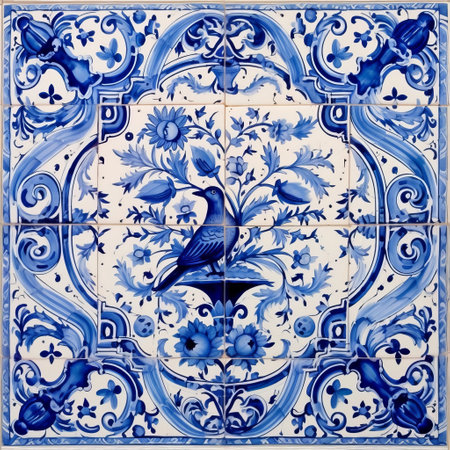 this stunning blue and white tile features beautiful artwork in the style of frans snyders. the striking symmetrical patterns and accurate ornithological paintings are reminiscent of joo artur da silva's work. the tile's spectacular backdrops and symmetrical arrangements are reminiscent of jan pietersz saenredam's style. this piece is a true masterpiece, with intricate details and a timeless design that will add elegance and sophistication toの素材