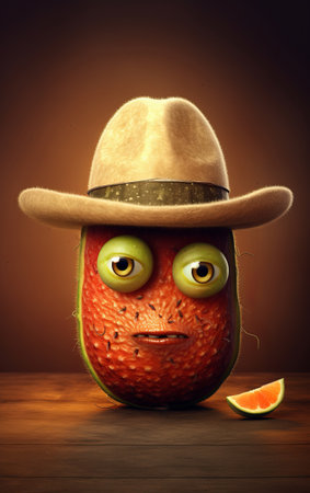 fruit with a cowboy hat sits on a wooden table in this emotive surreal character study. the thick texture of the piece is reminiscent of the styles of steve sack, raphael lacoste, and victor nizovtsev. the playful character design won a contest. keywords: fruit, cowboy hat, wooden table, emotive, surreal, character study, steve sack, thick texture, raphael lacoste, victor nizovtsev, playful, character design, contest winner.の素材