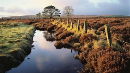 grassy field with a stream flowing through it, captured in the style of national geographic photography. this traditional british landscape features hues of light crimson and light amber, creating a serene and picturesque scene. ai generatedの素材