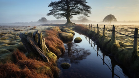 loughborough brook is bathed in the warm glow of the morning sun, creating a stunning vista of mist and grass. this national geographic-style photo captures the essence of romanticized country life, transporting you to a fantasy world of precarious balance and texture-rich landscapes. with its uhd image quality, this photo is a true masterpiece that will leave you in awe of the beauty of nature.の素材