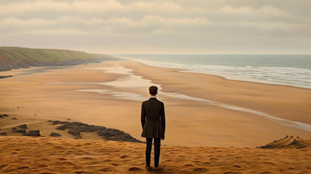 the painting "man on beach" by johnny al showcases a traditional british landscape style with a matte finish. the bold chromaticity and mysterious backdrops are reminiscent of burne-jones' work. rendered in cinema4d and captured with a fujifilm x-t4, this painting captures the essence of a serene beach scene with a lone figure in the foreground. the use of color and texture creates a sense ofの素材