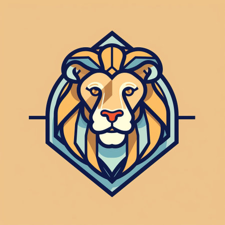 the lion head logo on a brown background is a stunning example of geometric aesthetics. the light yellow and azure colors add a touch of elegance to the detailed character illustrations. the high horizon lines and intricate character design are highlighted by the light orange and navy hues. this illustration is a perfect representation of the beauty and complexity of geometric art. ai generatedの素材