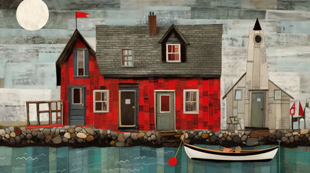 this panoramic painting showcases a charming harbor scene, featuring sailboats and houses in rustic americana style. the artwork is characterized by bold, cartoonish lines and a color palette of red and gray, with layered textures and patterns adding depth and interest. the photocollage technique used in this piece creates a unique, eye-catching effect. the painting's panoramic scale makes it a standout piece, perfect for addingの素材