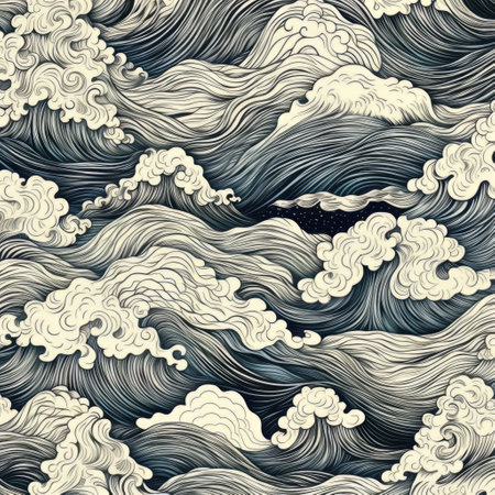 black and white doodle featuring naturalistic ocean waves with japanese-inspired imagery. the hyper-detailed illustrations showcase atmospheric clouds and colorful drawings. the style is reminiscent of traditional vietnamese art, with a dark sky-blue and light beige color scheme. ai generatedの素材