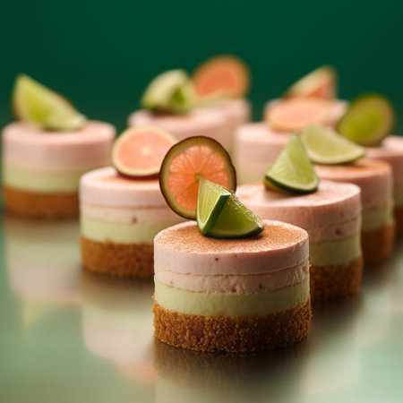 mini desserts in shades of pink are arranged on green tableware, creating an exotic and edgy look. the photo is captured using the technique of focus stacking, which results in layered translucency. the light green and orange hues add a pop of color to the composition. the image is shot with the tokina opera 50mm f14 ff lens, which enhances the details and textures ofの素材