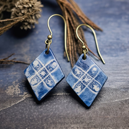 these indian-made blue ceramic diamond dangle earrings are a stunning addition to any jewelry collection. the intricate design features religious symbolism and polish folklore motifs, captured beautifully in a high-quality tabletop photograph with an ink-washed effect. the blue and white glaze adds a touch of elegance, while the inspiration from norwegian nature makes these earrings truly unique. ai generatedの素材