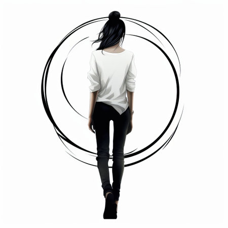 girl in white shirt standing against a circular background in minimalist ink painting style. detailed character design and dramatic use of perspective make this fashion sketch stand out. the urban minimalism and high-angle shot add to the overall effect. this image is perfect for those interested in furaffinity and fashion sketches. ai generatedの素材