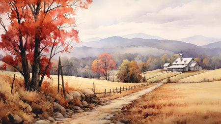 this award-winning painting depicts a serene autumn road with an old house and trees. the style is reminiscent of colorful ink wash paintings and realistic watercolor paintings. the smokey background adds depth to the scene, while the spiky mounds and larme kei influence add a unique touch. perfect for those who appreciate pastoral scenes and beautiful landscapes. ai generatedの素材