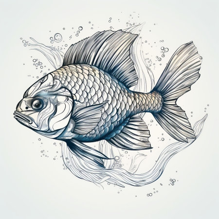 the fish illustration showcases a detailed ink style with precisionist lines, in light indigo and light gold. the monochromatic ink wash creates a tattoo-inspired look, while the luminosity of water adds depth to the design. the fish is depicted in a realistic manner, with attention to detail and texture. the white background emphasizes the intricate illustration style. ai generatedの素材