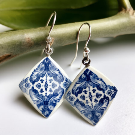 blue and white flower pattern earrings inspired by meindert hobbema's sharp lines and edges. these opulent ornaments feature realistic detailing and old-world charm. the intricate design is reminiscent of elba damast and boasts high detail. perfect for adding a touch of sophistication to any outfit. ai generatedの素材