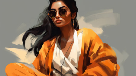 the model in this digital painting is sporting an eye-catching orange hooded jacket and stylish sunglasses. the artwork draws inspiration from indian pop culture and features character studies with a unique blend of dark white and amber tones. the soft shading and brush strokes add depth and texture to the piece, which was created using advanced digital art techniques. this stunning portrait is a testamentの素材