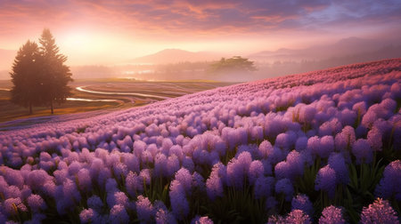 purple lilacs bloom in a vast field at sunrise, creating a mesmerizing view. the painting style is reminiscent of hiroshi nagai, alexander jansson, and shilin huang, with soft and romantic landscapes. the color palette is a blend of light orange and purple, creating a high tonal range that is captivating to the eye. ai generatedの素材