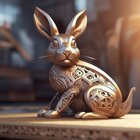 bronze bunny statue sitting on a wooden table, featuring realistic and hyper-detailed renderings, futurist mechanical precision, puzzle-like elements, eastern-inspired motifs, selective focus, charming character illustrations, and metallic textures. ai generatedの素材