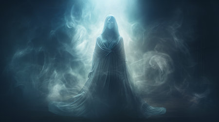 ethereal figure emerges from black smoke, reminiscent of necronomicon illustrations. the figure is draped in light white and azure, set against mystical realms and mysterious backdrops. chilling creatures and religious symbolism add to the mysterious atmosphere. ai generatedの素材