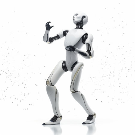 the robot in this photo is a stunning example of futuristic glam. against a white background, its dark white and silver design is eye-catching and precise, with clear influences from the precisionism movement. the dynamic pose of the robot as it dances is a testament to the exacting precision of its design. created by award-winning designer toyo ito, this robot is a true work ofの素材