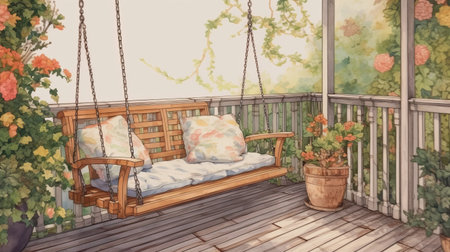 this stunning painting depicts a serene scene of a swing on a porch, created in the style of watercolor illustrations. the hyper-detailed and realistic rendering of the swing and its surroundings is complemented by a soft atmospheric perspective, which adds depth and dimension to the artwork. the warm color palette used in this piece creates a cozy and inviting atmosphere, while the meticulous still lifeの素材
