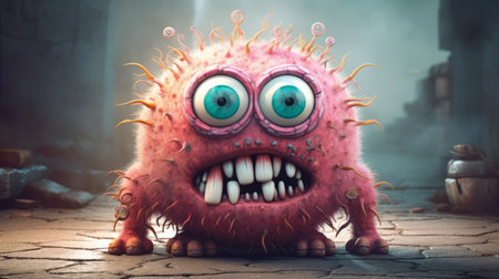 the monster in the old city is a digital illustration with a humorous tone. it features spiky mounds in dark pink and light azure colors, with hyper-realistic portraits that showcase chemical reactions. the artwork is created in an aggressive style and is inspired by the duckcore genre. ai generatedの素材