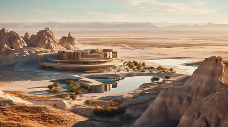 the old desert hotel designed by duaestudio showcases a stunning architecture that blends circular shapes with a spiritual landscape. the hyper-realistic water, dark beige, and gold hues add a touch of elegance to the design, while the zen-inspired style exudes a sense of calmness and tranquility. the 32k uhd resolution of the photo captures every detail of the bold yet graceful design, making it aの素材
