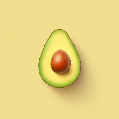 yellow avocado photographed in the style of daz3d with minimal retouching. the playful use of texture and subtle tonal values creates a visually appealing image. the light green and dark crimson colors of the avocado stand out against the yellow background. the exaggerated proportions of the avocado add a touch of whimsy to the overall composition. this photo was created by kimoicore. ai generatedの素材