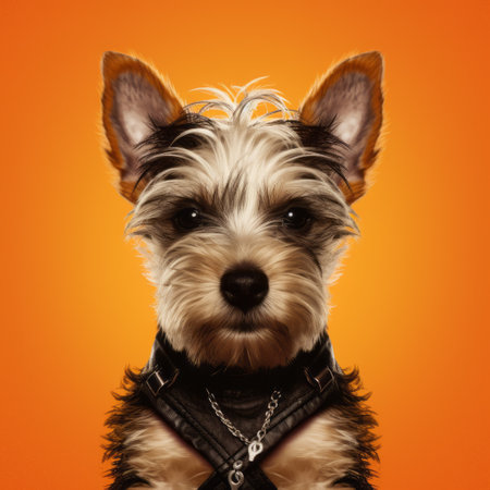 the terrier dog in this photo is captured sitting on a vibrant yellow background, with a unique and innovative page design. rendered in cinema4d, the black and brown fur of the dog is highlighted with silver and orange tones, creating a striking and conceptual portraiture. the punk-inspired style of the photo is further enhanced by the matte finish, which adds depth and texture to theの素材