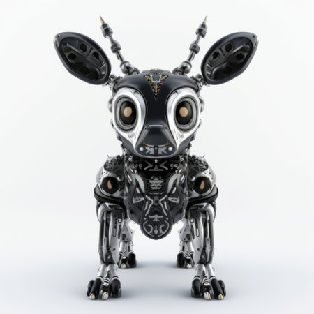 deer character 3d illustration in cyberpunk futurism style. this cute robotfurniture is depicted in dark black and silver, with light yellow and dark indigo accents. the mechanized precision and symmetrical design give it a futuristic feel. the realistic and detailed rendering of this 5001000 ce creation makes it a stunning addition to any collection. ai generatedの素材