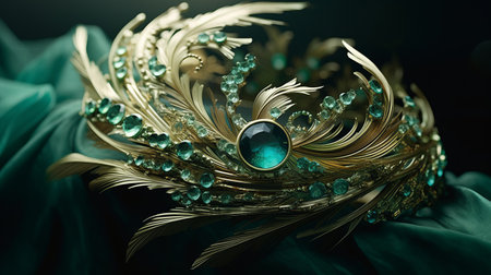 gold tiara on green cloth: a stunning piece of modern jewelry, this gold tiara is captured in intricate still life detail on a vibrant green cloth. the tiara's design features detailed feather rendering in dark aquamarine and emerald, brought to life through vray tracing. the result is a cinematic elegance that is truly breathtaking. whether you're a lover of jewelry or simply appreciate beautiful art,の素材