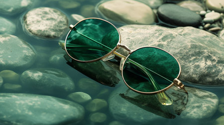 green sunglasses with a large frame are lying on the ground, reflecting the sparkling water. the design of the sunglasses is inspired by the golden age aesthetics and romantic riverscapes. the photo is captured in tondo format with photorealistic details. the sunglasses are placed on a stone surface, adding to the natural feel of the image. the composition of the photo is reminiscent of theの素材