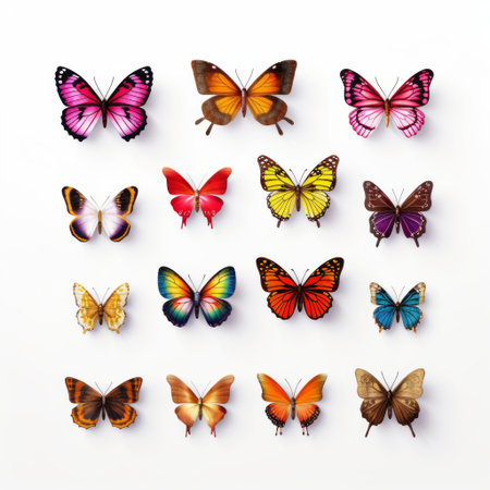 this butterfly vector collection features a stunning array of colorful patterns in a photorealistic style. with meticulous design and an aerial view, these minimalistic objects are captured with tilt shift accuracy. the uhd image showcases the beauty of these butterflies against a clean white background. ai generatedの素材