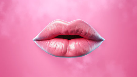 pink kiss with open mouth on red background stock photo. realistic hyperrealism style with soft mist effect. high-quality photo created using zbrush. contemporary candy-coated design with a spray-painted, smokey background. perfect for romantic or playful designs. ai generatedの素材
