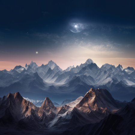 mountain range at night with moonlight: a stunning artwork of a mountain range at night, illuminated by the soft glow of the moon. this realistic fantasy illustration captures the beauty of nature in a mesmerizing way. the detailed science fiction elements add a touch of mystery to the scene, while the tonal landscapes create a romantic and dramatic ambiance. the artwork is a perfect blendの素材