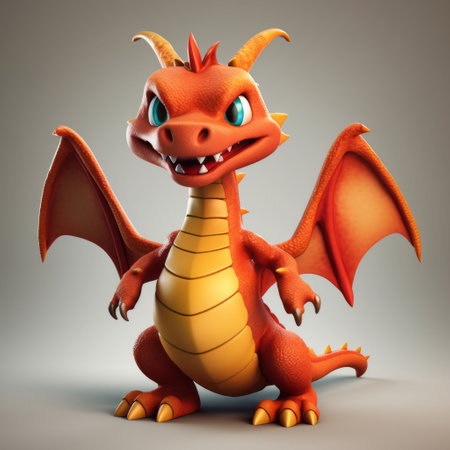 this 3d model image features a charming red dragon designed in a cartoonish style with an innocent and playful look. the high-contrast shading and softbox lighting bring out the character's unique features, while the light orange color adds a touch of warmth and friendliness. the emphasis on character design and innovative techniques make this image stand out as a fun and engaging addition to anyの素材
