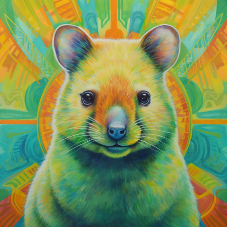 an anteater is the subject of this hyperrealistic wildlife portrait, set against vibrant geometric backgrounds that evoke the australian landscape. the painting features god rays that add a dramatic effect to the scene. the style is reminiscent of the works of mao hamaguchi, known for his emotive faces and use of bold colors such as orange and green. the painting also incorporates elements of chrisの素材