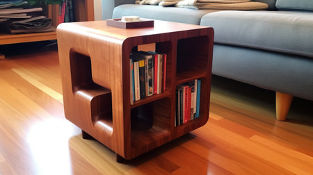the small shelf with shelves, designed in the style of cubo-futurism, sits elegantly next to the couch. the shelf features varying wood grains and curvilinear shapes, inspired by traditional vietnamese design. the jump cuts in the design add a touch of swiss style to the overall aesthetic. the natural lighting highlights the intricate details of the shelf, making it a perfect addition to any modernの素材