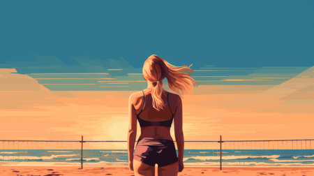 an old lady admires the sunset on the beach in this digital painting-style illustration. the graphic design-inspired piece features pensive poses and simple, colorful pixel art. captured in 32k uhd, the image was created using ferrania p30 film. ai generatedの素材