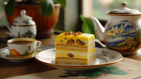 the dessert plate captures the essence of indulgence with its richly layered delicacies. the coffee and tea in the plate add to the luxurious experience. the frequent use of yellow and sandara tang hues in the plate's design creates a warm and inviting ambiance. the multilayered design and nature motifs on the plate are captured beautifully by the tokina at-x 11-16mm f/2.8 pro dx iiの素材