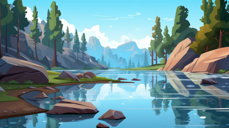illustration of a vibrant, cartoonish landscape river in the style of 8k resolution. this uhd image captures the essence of california plein air, with romanticized depictions of wilderness and nature-inspired imagery. the nature-based patterns add depth and texture to the scene, making it a stunning piece of art. ai generatedの素材