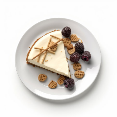 cheesecake lovers, feast your eyes on this stunning photorealistic rendering of a slice of cheesecake! topped with juicy blackberries and crunchy graham crackers, this dessert is a feast for the senses. captured with a graflex speed graphic camera, the image features ambient occlusion and circular shapes that add depth and dimension. the light white and white hues create a soft, inviting ambiance, while rtx onの素材