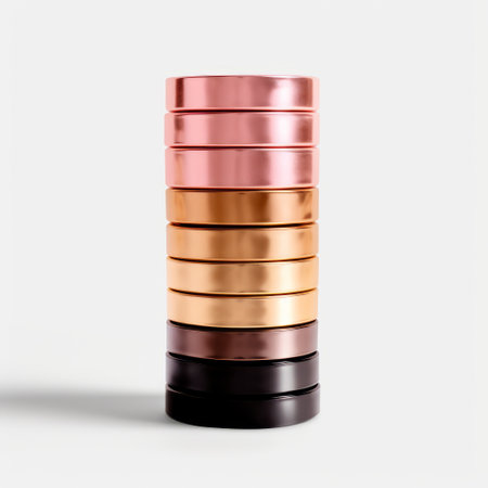 this photo showcases a stunning stack of lipsticks in gold, pink, and bronze, arranged in a minimalist style. the aluminum material and rim light add a touch of elegance to the overall look. the subtle surface decoration in bronze and black enhances the visual appeal of the lipsticks. captured using the steinheil quinon 55mm f19 lens, this photo is a perfect representation of modern beautyの素材