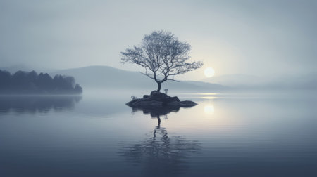the tree stands alone on a rock in the middle of the lake, creating a serene and harmonious atmosphere. the layered and atmospheric landscape, with its ethereal and flowing silhouettes, resembles traditional british landscapes. the light silver and indigo hues add to the tranquil ambiance of the associated press photo. ai generatedの素材