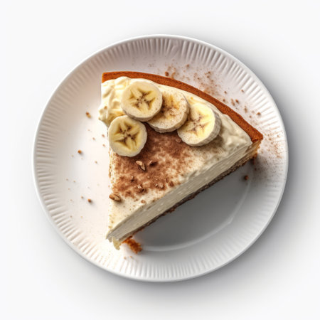 creamy banana pie captured in a top view stock photo. this dessert is a perfect blend of cream and banana, making it a delicious treat for any occasion. the photo is styled in a digitally enhanced, reductionist form, with photorealistic rendering. it was captured using a sony alpha a1 camera and commissioned by bertil nilsson. this installation-based photo is perfect for food bloggers, recipe websites,の素材
