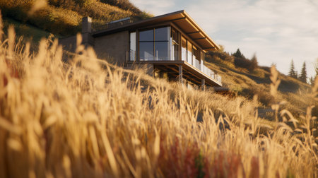 the old wood house on the hillside is a stunning example of organic modernism and prairiecore architecture. rendered in the style of octane, the light bronze and amber hues give the image a warm and inviting feel. the anamorphic lens flare adds a touch of drama to the atmospheric and moody lighting, creating a sense of mystery and intrigue. with the use of ue5 technology,の素材