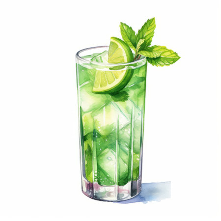 lime, ginger, and mint come together in this refreshing drink, beautifully depicted in realistic watercolors. the lime wedges add a pop of color to the eye-catching light green and dark azure hues. detailed character illustrations bring precisionist flair to this editorial illustration, perfect for any rtx-themed project. keywords: lime, ginger, mint, watercolors, lime wedges, eye-catching, light green, dark azure, precisionist, editorial illustrations, rtx. ai generatedの素材