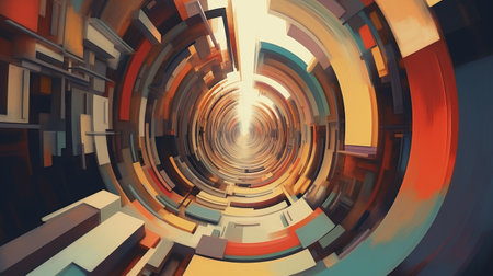 the tunnel's inner ring boasts a plethora of vibrant, digitized graphics in a modern cubist style. the graphics feature a stunning blend of light cyan and dark amber hues, capturing the essence of dynamic cityscapes. the wide-angle lens used to capture the image adds to its appeal, while the high level of detail in the flat abstraction is truly impressive. the graphics are a beautifulの素材