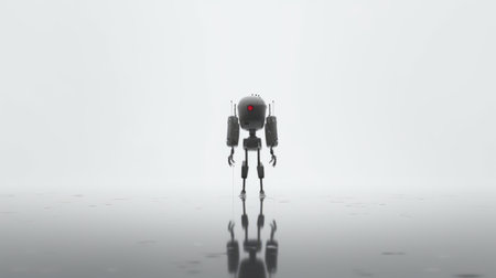 the silver creature robot is captured in a high-quality photo, standing in a spooky light that adds to the subdued minimalism of the image. the robot's dark bronze and red colors are highlighted in the frontal perspective, which is captured with precisionist style. the mist surrounding the robot adds to the eerie atmosphere of the photo, while the webcore design elements give it a futuristicの素材